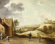David Teniers the Younger - Landscape with Peasants Playing Bowls Outside an Inn